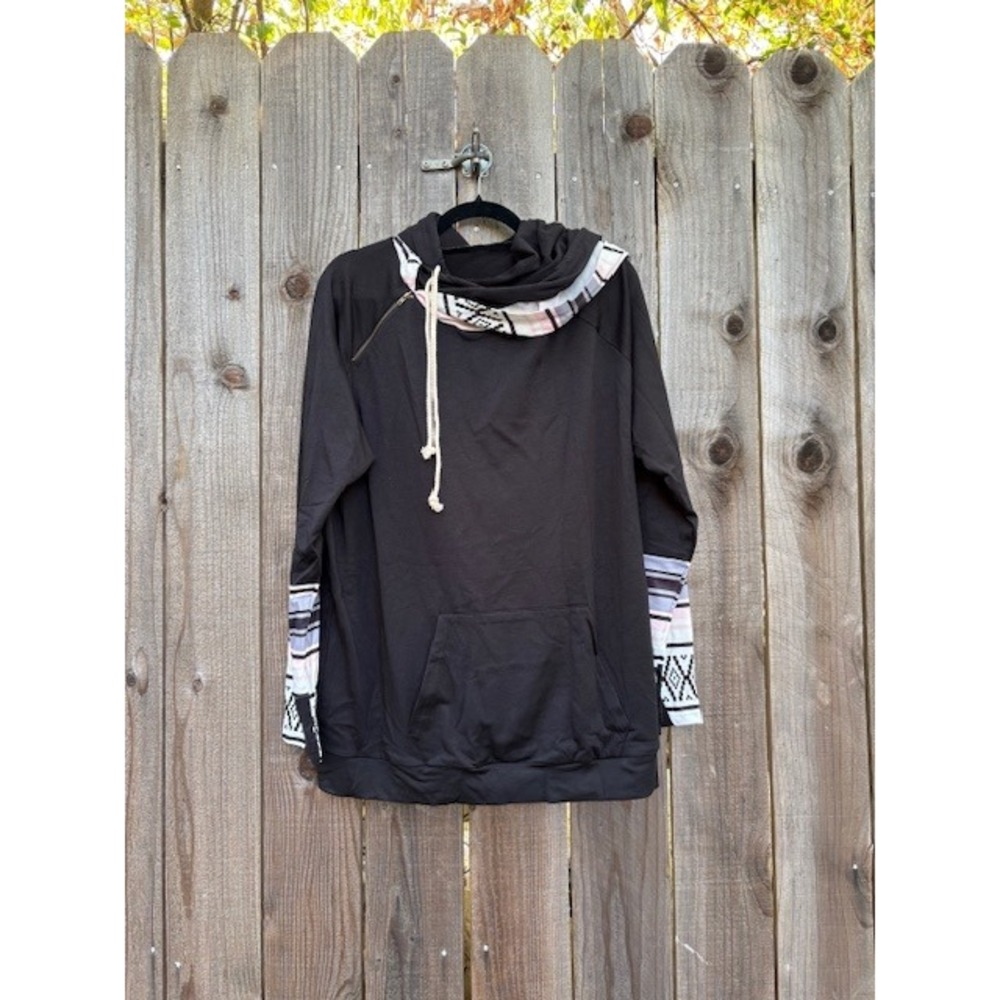 2XL Black Pullover Hoodie Southwestern Print Sleeves Thumb Hole‎ Sweatshirt